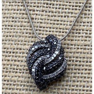 Gorgeous One Carat Genuine Black & White Diamond Swirl Cluster Pendant Necklace